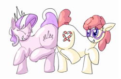 Size: 827x538 | Tagged: safe, artist:secretgoombaman12345, diamond tiara, twist, earth pony, pony, butt to butt, butt touch, chubby diamond, eyes closed, fat, female, filly, foal, simple background, white background