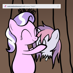 Size: 640x640 | Tagged: safe, artist:go-ask-sweetie-belle, diamond tiara, earth pony, pony, undead, unicorn, zombie, g4, ask, decapitated, disembodied head, eyes closed, fat, female, filly, foal, nuzzling, severed head
