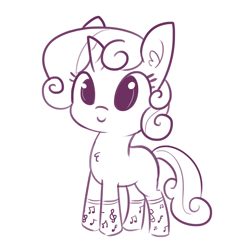 Size: 1650x1650 | Tagged: safe, artist:tjpones edits, edit, sweetie belle, pony, unicorn, g4, blank flank, chest fluff, clothes, cute, diasweetes, ear fluff, female, filly, foal, horn, monochrome, music notes, simple background, smiling, socks, solo, tjpones is trying to murder us, white background