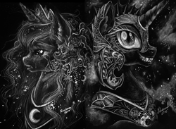 Size: 1149x842 | Tagged: safe, artist:arnne, edit, editor:caligari87, nightmare moon, princess luna, alicorn, pony, g4, back to back, bust, cloud, crying, duality, duo, ear piercing, earring, female, floral head wreath, flower, fluffy, frown, grayscale, grin, jewelry, monochrome, night, open mouth, piercing, portrait, profile, regalia, sad, smiling, stars, traditional art