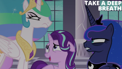 Size: 1280x720 | Tagged: safe, edit, edited screencap, editor:quoterific, screencap, princess celestia, princess luna, starlight glimmer, alicorn, pony, unicorn, a royal problem, g4, angry, bags under eyes, celestia is not amused, crown, ethereal mane, female, frown, glare, gritted teeth, jewelry, looking at each other, looking at someone, luna is not amused, mare, nervous, open mouth, open smile, peytral, regalia, royal sisters, sibling rivalry, siblings, sisters, smiling, teeth, trio, trio female, unamused