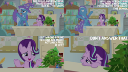 Size: 4400x2475 | Tagged: safe, edit, edited screencap, editor:quoterific, screencap, phyllis, starlight glimmer, trixie, pony, unicorn, a horse shoe-in, g4, cape, clothes, confident, female, frown, grin, gritted teeth, happy, hat, inkwell, mare, open mouth, open smile, outstretched hoof, philodendron, plant, quill, raised hoof, sad, smiling, starlight's office, teeth, trixie's brooch, trixie's cape, trixie's hat
