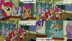 Size: 4400x2475 | Tagged: safe, edit, edited screencap, editor:quoterific, screencap, apple bloom, cheerilee, diamond tiara, scootaloo, shady daze, snails, snips, sweetie belle, twist, g4, the cart before the ponies, cutie mark crusaders, ponyville schoolhouse