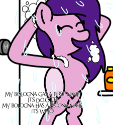 Size: 1275x1414 | Tagged: safe, artist:professorventurer, pipp petals, pegasus, pony, series:ask pippamena, g5, bipedal, doctor who, intentional spelling error, pippamena, shampoo, shower, simpsons did it, singing, soaked, soap bubble, wet, wet mane