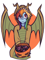 Size: 4092x5400 | Tagged: safe, artist:meliciamelano, rainbow dash, dragon, anthro, g4, absurd resolution, candy, clothes, costume, dragon costume, food, halloween, halloween costume, holding, holiday, looking at you, pumpkin, pumpkin bucket, simple background, smiling, smiling at you, solo, standing, trick or treat, white background, wings