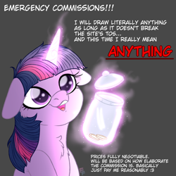 Size: 3000x3000 | Tagged: safe, artist:ponykittenboi, derpibooru exclusive, twilight sparkle, pony, unicorn, g4, g5, advertisement, commission info, commissions open, cute, female, filly, filly twilight sparkle, floppy ears, foal, g4 to g5, generation leap, glowing, glowing horn, gray background, high res, horn, information, jar, magic, open mouth, signature, simple background, solo, text, tip jar, unicorn twilight, watermark, younger