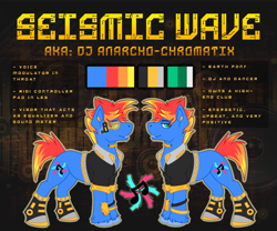 Size: 3000x2500 | Tagged: safe, artist:chvrchgrim, dj pon-3, vinyl scratch, oc, oc:seismic, earth pony, pony, g4, augmented, clothes, cybernetic pony, cyberpunk, dubstep, high res, male, music notes, reference sheet, shoes, stallion, visor