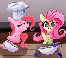 Size: 1500x1319 | Tagged: safe, artist:solid shrimp, fluttershy, pinkie pie, earth pony, pegasus, pony, g4, apron, baking, bowl, chef, chef's hat, clothes, cooking, duo, female, hat, mare