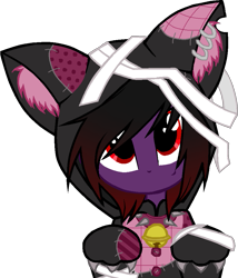 Size: 827x966 | Tagged: safe, artist:zeffdakilla, oc, oc only, oc:frankie fang, human, equestria girls, g4, bandage, base used, black hair, cat hoodie, collar, emo, looking at you, male, paws, piercing, purple skin, red eyes, scene, simple background, smiling, solo, transparent background