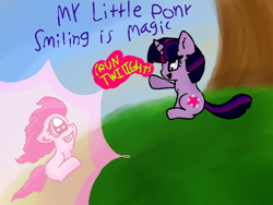 Size: 640x480 | Tagged: safe, artist:suika999, pinkie pie, twilight sparkle, earth pony, pony, unicorn, smile hd, g4, duo, duo female, ear fluff, energy, female, grass, grin, imminent decapitation, looking at each other, looking at someone, mare, moments before disaster, outdoors, running, sitting, smiling, super powers, text, this will end in death, this will end in tears, this will end in tears and/or death, tree, unicorn twilight, waving