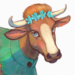 Size: 1000x1000 | Tagged: artist needed, source needed, safe, madison (tfh), cow, them's fightin' herds, blaze (coat marking), blue eyes, bust, clothes, coat markings, community related, facial markings, female, floral head wreath, flower, hoers, horns, looking at you, realistic, simple background, solo, white background