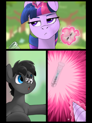 Size: 1536x2048 | Tagged: safe, artist:elcaballooscuro, twilight sparkle, oc, oc:inkenel, oc:oretha, pony, g4, annoyed, comic, macro, magic, micro, shrinking, size difference, test tube