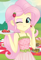 Size: 690x1000 | Tagged: safe, artist:fluttershy_art.nurul, fluttershy, human, equestria girls, g4, bare shoulders, beautiful, blinking, braid, cute, eating, eyeshadow, female, food, green eyes, hairpin, looking at you, makeup, one eye closed, picnic, plate, shyabetes, sleeveless, smiling, solo, strawberry, tape, wink