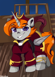 Size: 1843x2568 | Tagged: safe, artist:galaxynightt, oc, oc only, oc:disterious, pony, unicorn, blue eyes, feather, hat, horn, looking at you, male, pirate, pirate hat, pirate outfit, pirate ship, smiling, smiling at you, solo, stallion, standing, sword, unicorn oc, weapon
