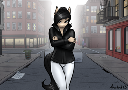 Size: 4961x3508 | Tagged: safe, artist:apocheck13, oc, oc only, oc:elya, earth pony, anthro, city, clothes, crossed arms, earth pony oc, female, female focus, jacket, looking at you, solo focus