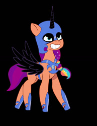 Size: 786x1016 | Tagged: safe, artist:sarahthefox97, nightmare moon, sunny starscout, earth pony, pony, g5, my little pony: tell your tale, nightmare night party, spoiler:g5, spoiler:my little pony: tell your tale, spoiler:tyts01e30, black background, cosplay, costume, female, mane stripe sunny, mare, nightmare moon armor, nightmare night costume, nightmare sunny, simple background, solo