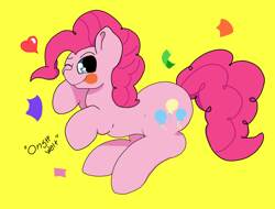 Size: 1352x1030 | Tagged: safe, artist:onsti, pinkie pie, earth pony, pony, g4, confetti, heart, one eye closed, simple background, solo, tongue out, yellow background