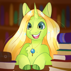 Size: 2000x2000 | Tagged: safe, artist:von babbitt, oc, oc only, oc:little meadow, pony, unicorn, book, bookshelf, chest fluff, female, high res, solo