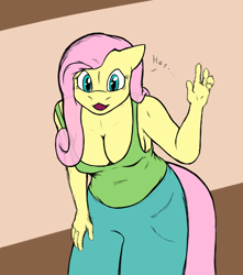 Size: 720x816 | Tagged: safe, artist:axentooth, fluttershy, anthro, g4, absolute cleavage, breasts, busty fluttershy, cleavage, clothes, colored sketch, female, leaning forward, pants, sketch, solo, tank top, waving