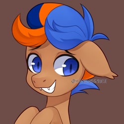 Size: 1373x1373 | Tagged: safe, artist:handgunboi, oc, oc only, oc:johan, bat pony, pony, bust, commission, fangs, male, simple background, smiling, solo, watermark