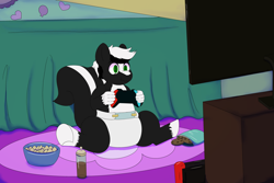 Size: 4050x2700 | Tagged: safe, artist:axiscloud, oc, oc only, oc:zenawa skunkpony, hybrid, pony, skunk, skunk pony, baby bottle, bed, chewing, chips, chocolate, chocolate milk, colt, controller, cookie, diaper, diaper fetish, eating, eyebrows, fetish, foal, food, high res, male, milk, nintendo, nintendo switch, non-baby in diaper, paws, pinkie's bedroom, playing, raised tail, rug, sitting, sitting on floor, smiling, snacks, solo, spread legs, spreading, tail, television, underhoof, video game