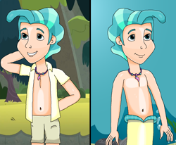 Size: 1294x1065 | Tagged: safe, artist:ocean lover, terramar, human, merboy, mermaid, merman, g4, season 8, surf and/or turf, arm behind head, belly button, bubble, bush, clothes, grass, handsome, human coloration, humanized, jewelry, legs, looking up, male, mermanized, mount aris, nature, necklace, ocean, outdoors, pearl, pearl necklace, shirt, shorts, sleeveless, smiling, species swap, tree, underwater, water