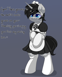 Size: 2000x2500 | Tagged: safe, artist:skyboundsiren, oc, oc:cyan delta, pony, unicorn, bipedal, clothes, crossdressing, cute, dialogue, femboy, high res, maid, male, multiple variants, offscreen character, pov, simple background, sissy, socks, solo, stallion