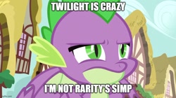 Size: 888x499 | Tagged: safe, edit, edited screencap, screencap, spike, dragon, g4, blatant lies, caption, image macro, implied rarity, implied twilight sparkle, simp, text, winged spike, wings