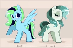 Size: 2638x1763 | Tagged: safe, artist:syrupyyy, oc, oc only, oc:blue mint, oc:spring mint, earth pony, pegasus, pony, duo, female, lidded eyes, mare, open mouth, open smile, ponytober, raised hoof, smiling, spread wings, wings