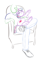 Size: 748x1080 | Tagged: safe, artist:purblehoers, twilight sparkle, oc, oc:anon, human, pony, unicorn, g4, chair, crossed legs, female, holding a pony, mare, simple background, sitting, sitting on person, sketch, unicorn twilight, white background