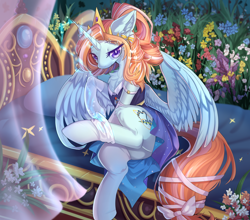 Size: 4200x3696 | Tagged: artist needed, source needed, safe, oc, oc only, oc:p.p.a, pony, unicorn, chest fluff, clothes, crown, cute, dress, high res, jewelry, looking at you, regalia, smiling, socks, solo, thigh highs