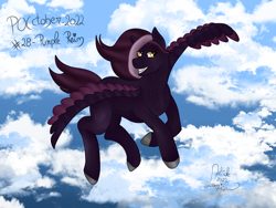 Size: 4000x3000 | Tagged: safe, artist:loopina, oc, oc:purple rain, fly, insect, pegasus, pony, male, pocctober, poctober, simple background, sky, smiling, solo, stallion