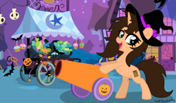 Size: 2828x1668 | Tagged: safe, artist:dianamur, artist:small-brooke1998, oc, oc:small brooke, pony, unicorn, base used, female, halloween, high res, holiday, mare, nightmare night, open mouth, smiling