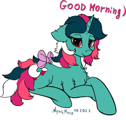 Size: 2026x1928 | Tagged: safe, alternate version, artist:aquamuro, fizzy, pony, twinkle eyed pony, unicorn, g1, g4, bow, chest fluff, cute, ear fluff, female, fizzybetes, fluffy, g1 to g4, generation leap, good morning, lidded eyes, looking at you, lying down, mare, messy mane, prone, ribbon, signature, simple background, sketch, smiling, smiling at you, solo, tail, tail bow, text, translation, transparent background