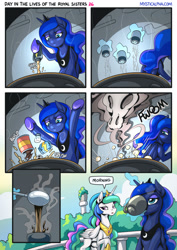 Size: 955x1351 | Tagged: safe, artist:mysticalpha, princess celestia, princess luna, alicorn, pony, comic:day in the lives of the royal sisters, g4, cauldron, coffee, comic, drinking, female, glowing, glowing horn, horn, jewelry, levitation, magic, mare, peytral, regalia, siblings, sisters, skull, telekinesis, walking