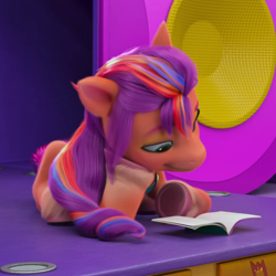 Size: 760x760 | Tagged: safe, screencap, sunny starscout, earth pony, pony, g5, my little pony: make your mark, my little pony: make your mark chapter 2, portrait of a princess, spoiler:my little pony: make your mark chapter 2, spoiler:mymc02e03, book, cropped, female, lying down, mane stripe sunny, mare, reading, solo