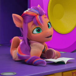 Size: 760x760 | Tagged: safe, screencap, sunny starscout, earth pony, pony, g5, my little pony: make your mark, my little pony: make your mark chapter 2, portrait of a princess, spoiler:my little pony: make your mark chapter 2, spoiler:mymc02e03, book, cropped, cute, female, mane stripe sunny, mare, solo, sunnybetes