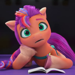 Size: 760x760 | Tagged: safe, screencap, sunny starscout, earth pony, pony, g5, my little pony: make your mark, my little pony: make your mark chapter 2, portrait of a princess, spoiler:my little pony: make your mark chapter 2, spoiler:mymc02e03, animation error, book, clipping, cropped, cute, female, lying down, mane stripe sunny, mare, solo, sunnybetes