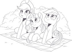 Size: 1518x1096 | Tagged: safe, artist:nauyaco, applejack, rainbow dash, twilight sparkle, earth pony, pegasus, pony, g4, black and white, cowboy hat, female, grayscale, hat, looking up, lying down, mare, monochrome, picnic blanket, prone, simple background, trio, white background