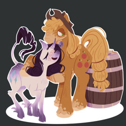 Size: 540x540 | Tagged: safe, artist:nicomoru, applejack, rarity, classical unicorn, pony, unicorn, g4, barrel, blushing, cloven hooves, dark background, drunk, drunk rarity, female, horn, leonine tail, lesbian, ship:rarijack, shipping, unshorn fetlocks