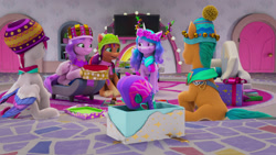 Size: 1920x1080 | Tagged: safe, screencap, hitch trailblazer, izzy moonbow, pipp petals, sparky sparkeroni, sunny starscout, zipp storm, dragon, earth pony, pegasus, pony, unicorn, g5, my little pony: make your mark, official, winter wishday, spoiler:g5, clothes, female, floral head wreath, flower, male, mane five, mane stripe sunny, mare, present, scarf, stallion