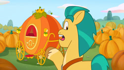 Size: 3072x1727 | Tagged: safe, screencap, hitch trailblazer, earth pony, pony, filly filling, g5, my little pony: tell your tale, spoiler:g5, spoiler:my little pony: tell your tale, spoiler:tyts01e33, high res, male, open mouth, pumpkin, pumpkin carriage, solo, stallion, upscaled, youtube link