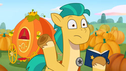 Size: 3072x1727 | Tagged: safe, screencap, hitch trailblazer, earth pony, pony, filly filling, g5, my little pony: tell your tale, spoiler:g5, spoiler:my little pony: tell your tale, spoiler:tyts01e33, book, high res, male, pumpkin, pumpkin carriage, solo, stallion, upscaled, youtube link