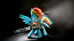 Size: 1920x1080 | Tagged: safe, artist:featray, rainbow dash, pegasus, pony, g4, 3d, blender, blender cycles, chainsaw, female, looking at you, mare, simple background, solo