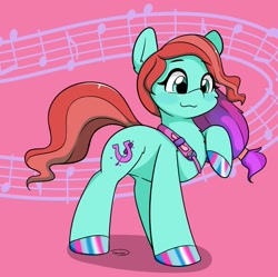 Size: 1787x1777 | Tagged: safe, artist:taurson, jazz hooves, earth pony, pony, g5, cute, female, hair tie, hoof polish, jazzibetes, mare, music notes, raised hoof, simple background, smiling, solo