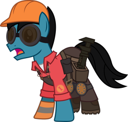 Size: 1656x1580 | Tagged: safe, artist:sketchmcreations, oc, oc:sketch mythos, earth pony, pony, belt, boots, clothes, cosplay, costume, engineer, engineer (tf2), frown, gloves, goggles, hard hat, hat, male, nightmare night, open mouth, overalls, shoes, simple background, solo, stallion, team fortress 2, transparent background, vector, wrench