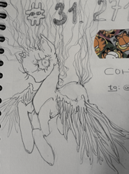 Size: 2581x3491 | Tagged: safe, artist:bishu, oc, oc only, alicorn, pony, bandaid, garfield, high res, male, messy mane, sketch, sketchbook, spread wings, traditional art, wide eyes, wings