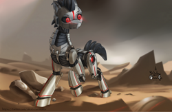 Size: 3200x2080 | Tagged: safe, artist:kirby_orange, oc, oc:rubiont, android, pony, robot, robot pony, artwork, desert, fanart, high res, mecha, mechanic, planet