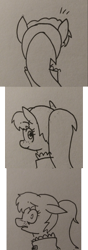 Size: 2205x6274 | Tagged: safe, artist:pony quarantine, oc, oc only, oc:bo, earth pony, pony, comic, emanata, female, floppy ears, freckles, frown, gray background, mare, scared, simple background, solo, traditional art, turned head