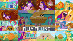 Size: 1979x1114 | Tagged: safe, edit, edited screencap, editor:quoterific, screencap, clapboard snap, hitch trailblazer, izzy moonbow, jazz hooves, pipp petals, plum library, rufus, sparky sparkeroni, sunny starscout, zipp storm, dragon, earth pony, pegasus, pony, unicorn, filly filling, g5, spoiler:tyts01e33, baby, baby dragon, bag, balloon, banner, book, carriage, cellphone, chef's hat, conveyor belt, diadem, dust cloud, english, female, fluttershy's cutie mark, food, group, hat, hoof hold, hoof polish, kitchen, male, mane five, mane stripe sunny, mare, phone, pie, pumpkin, pumpkin pie, rainbow dash's cutie mark, raised hoof, running, saddle bag, sash, sheriff's badge, smartphone, split screen, stallion, text, thought bubble, twilight sparkle's cutie mark, two sides, zompie